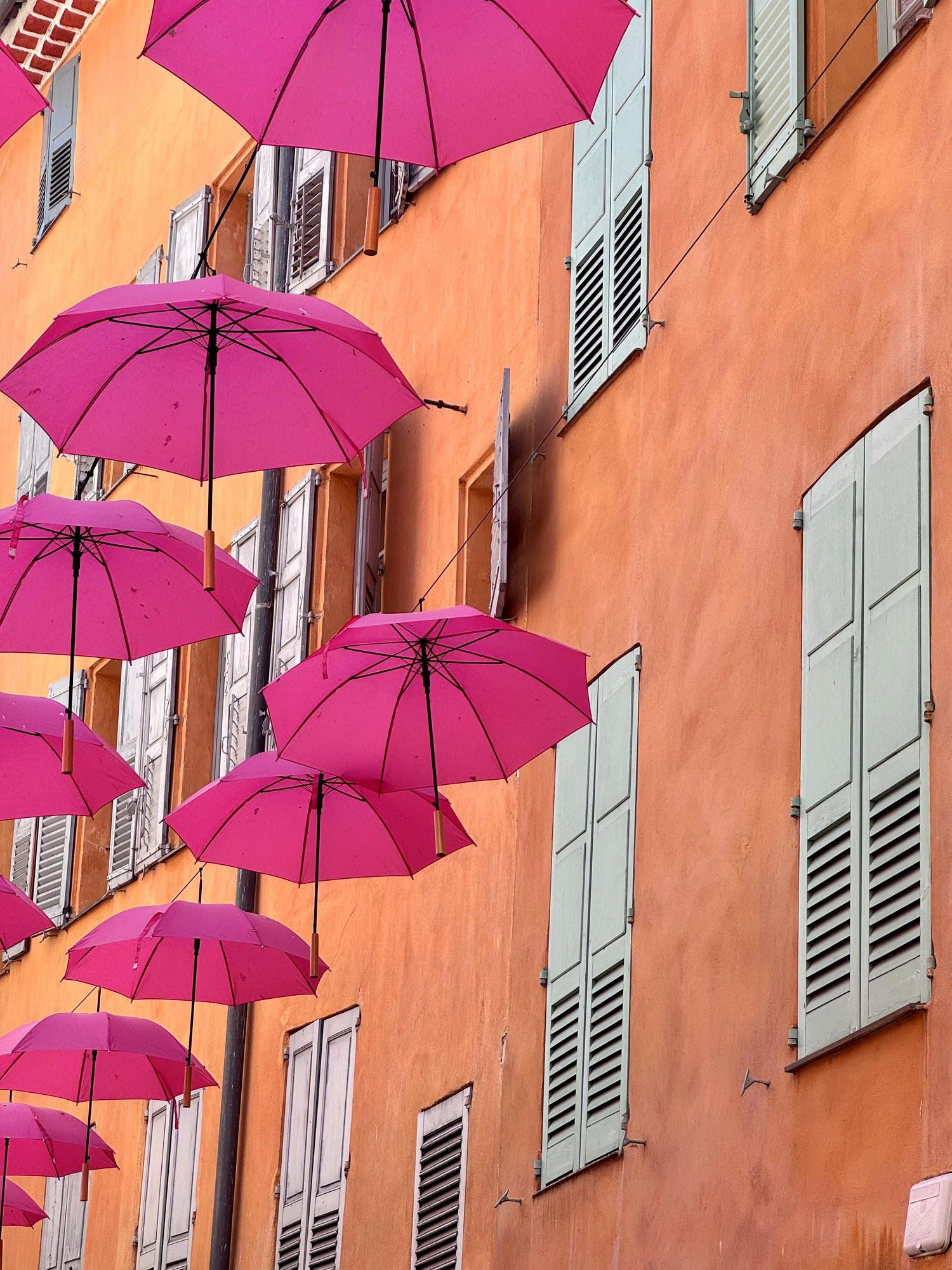 Pink umbrellas suspended over the ochre facades of the old town of Grasse